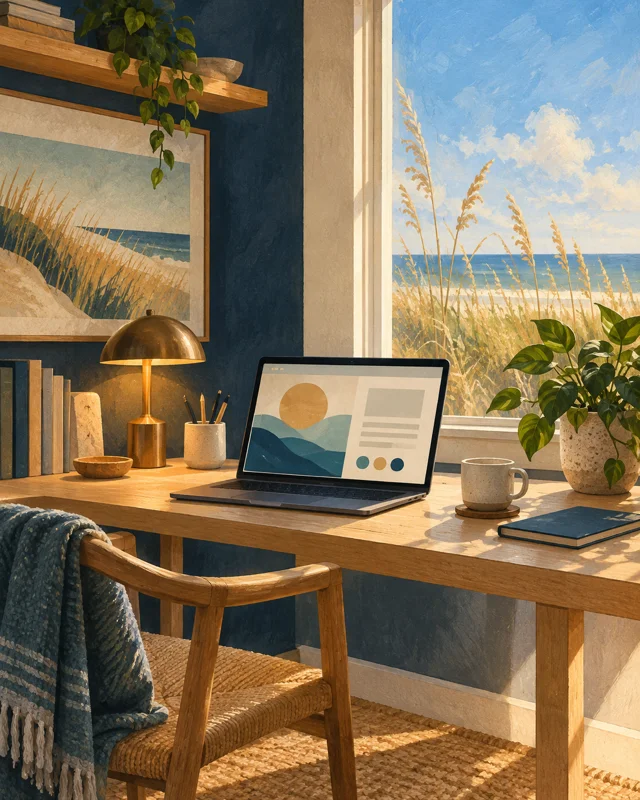 Illustration of a coastal home workspace with a desk, laptop and warm lighting
